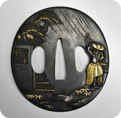 時代刀装具四分一金象嵌 狩中雨宿り図鍔